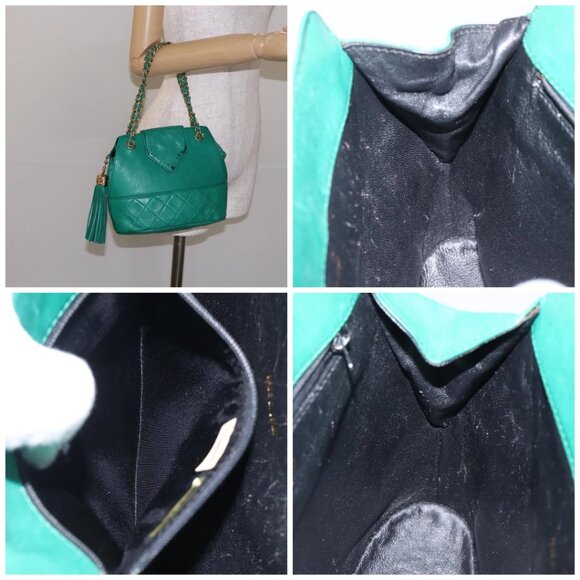 CHANEL Chain Hand Bag Lamb Skin Green Gold CC - Picture 15 of 15